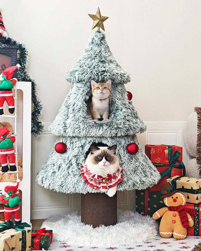 Snowy Holiday Christmas Tree Cat Tower