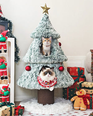 Snowy Holiday Christmas Tree Cat Tower