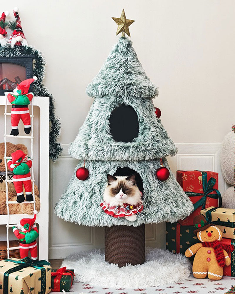 Snowy Holiday Christmas Tree Cat Tower