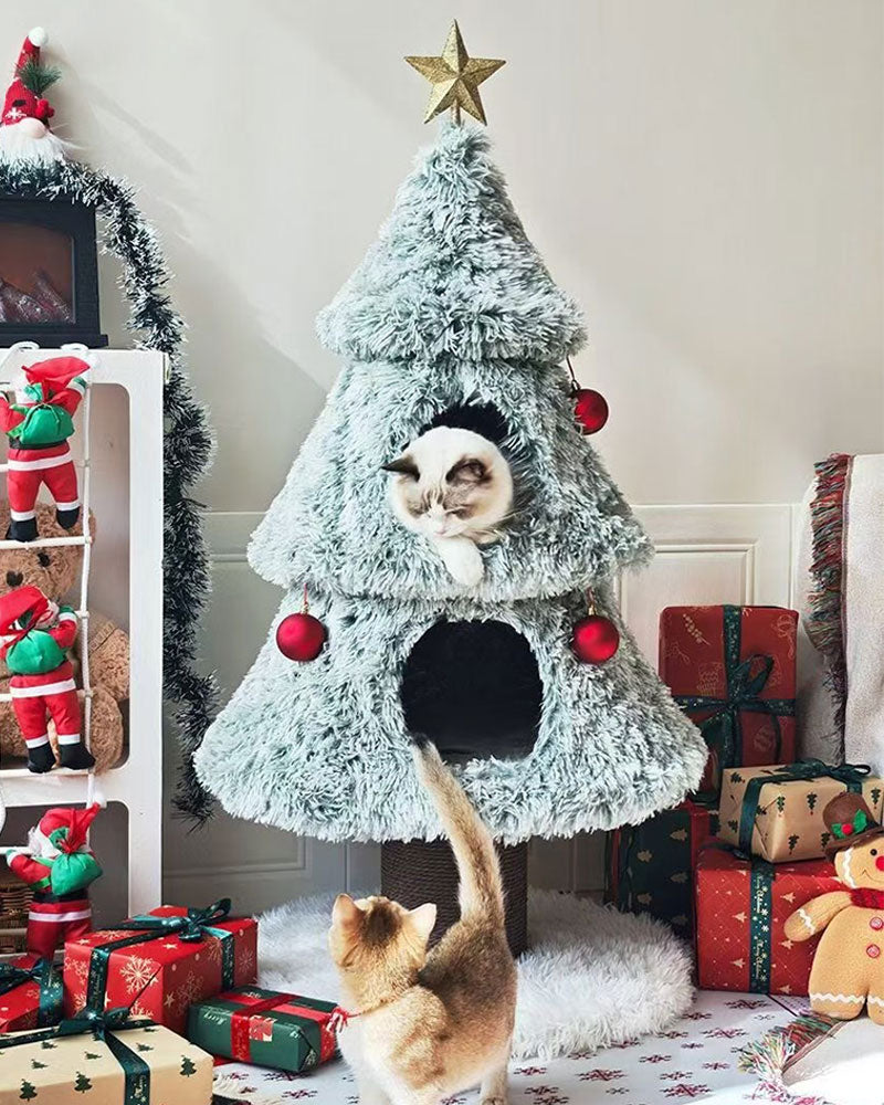 Snowy Holiday Christmas Tree Cat Tower