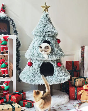 Snowy Holiday Christmas Tree Cat Tower