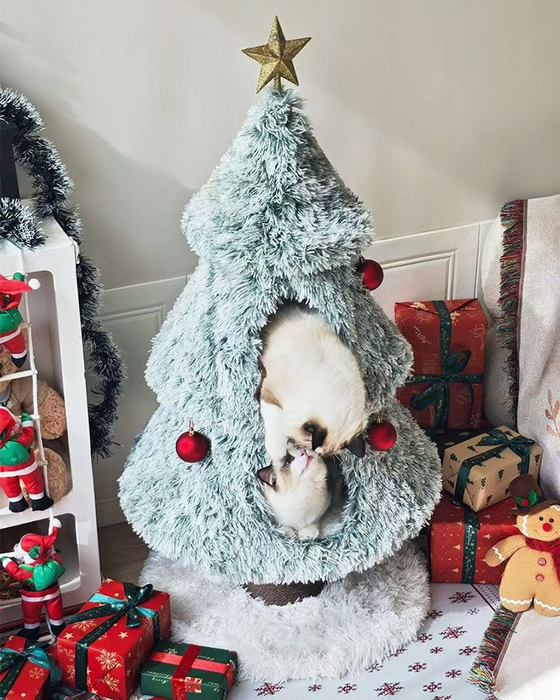 Snowy Holiday Christmas Tree Cat Tower