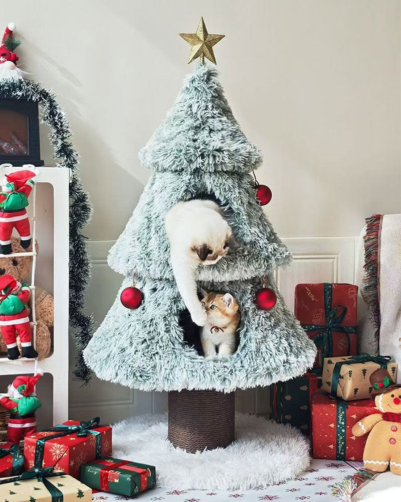 Snowy Holiday Christmas Tree Cat Tower