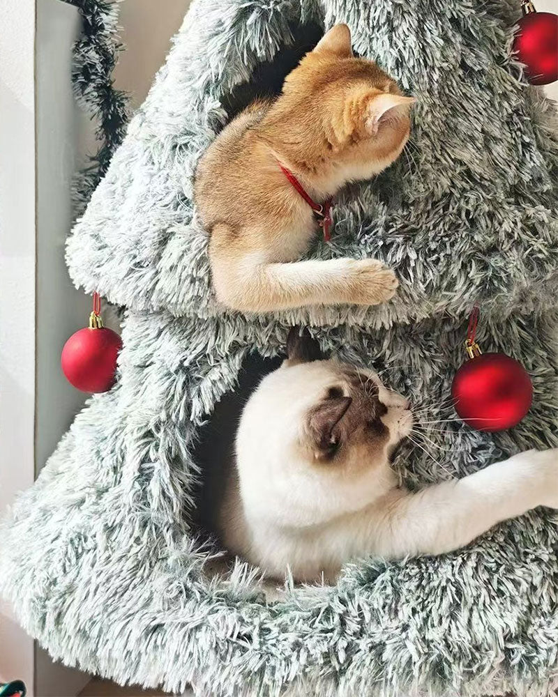 Snowy Holiday Christmas Tree Cat Tower