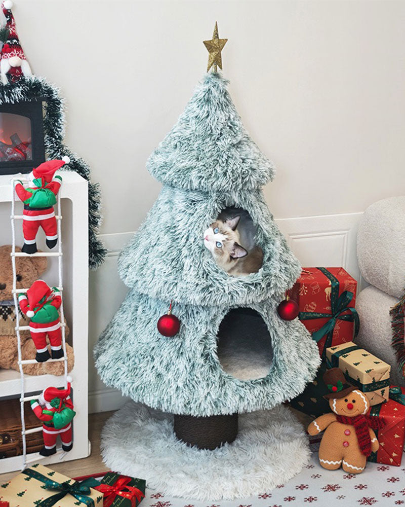 Snowy Holiday Christmas Tree Cat Tower