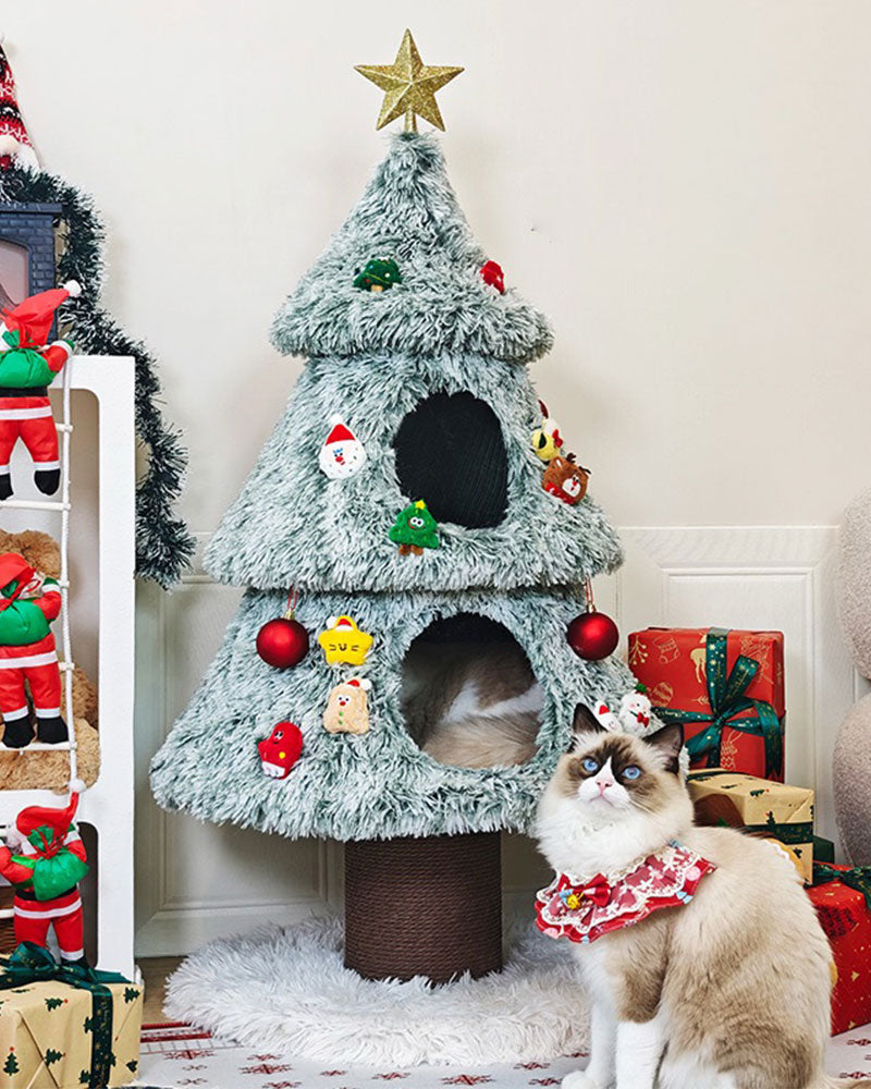 Snowy Holiday Christmas Tree Cat Tower