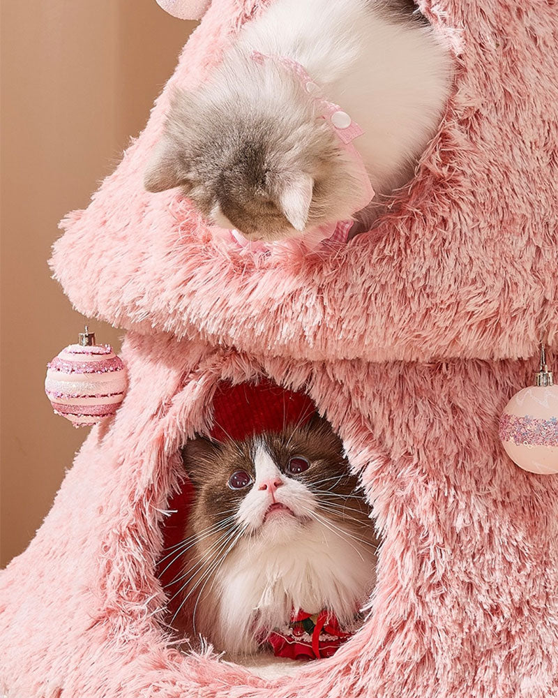 Snowy Holiday Pink Christmas Tree Cat Tower
