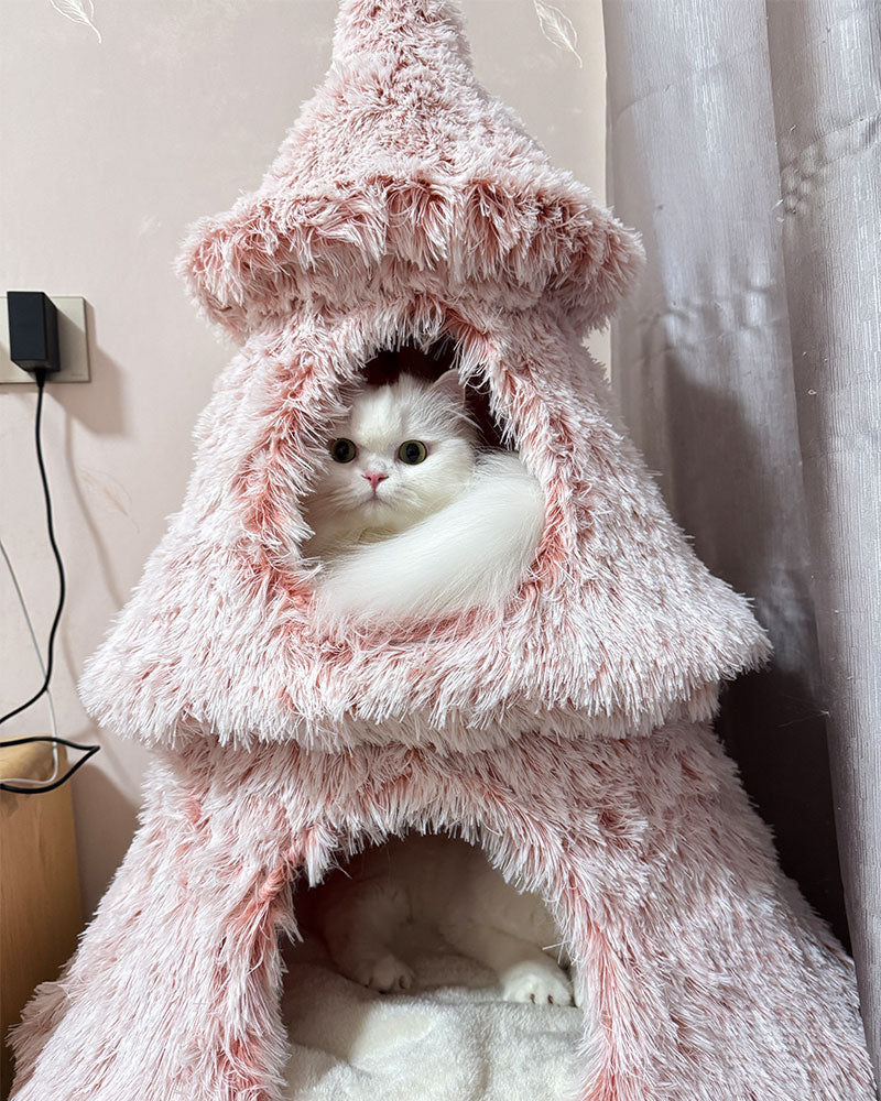 Snowy Holiday Pink Christmas Tree Cat Tower