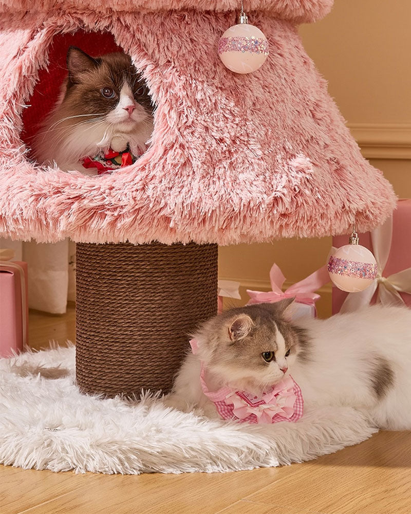 Snowy Holiday Pink Christmas Tree Cat Tower