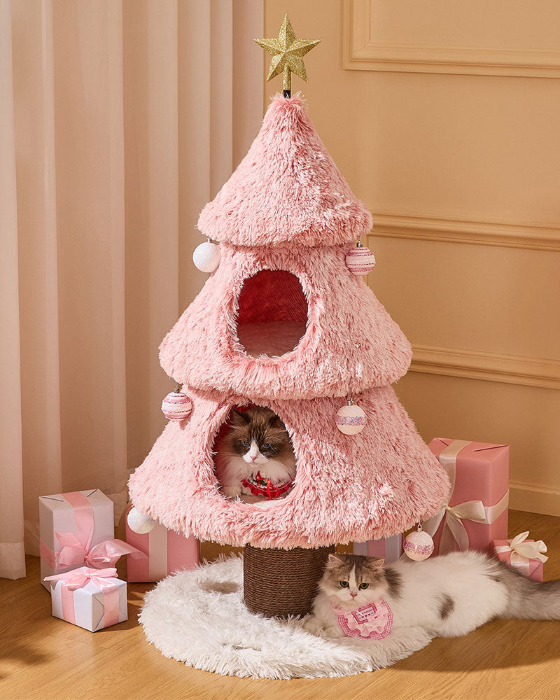 Snowy Holiday Pink Christmas Tree Cat Tower