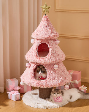 Snowy Holiday Pink Christmas Tree Cat Tower