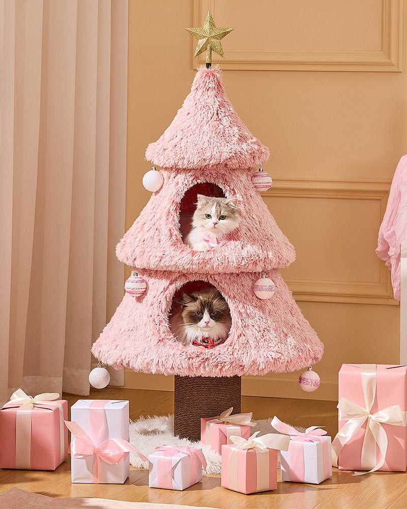 Snowy Holiday Pink Christmas Tree Cat Tower