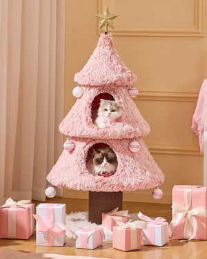 Snowy Holiday Pink Christmas Tree Cat Tower