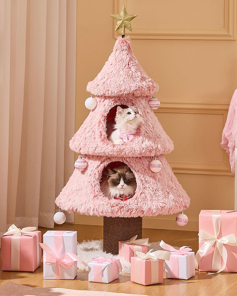 Snowy Holiday Pink Christmas Tree Cat Tower