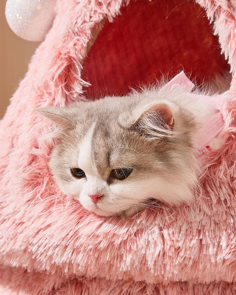 Snowy Holiday Pink Christmas Tree Cat Tower