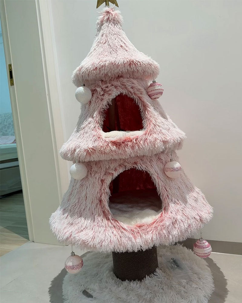 Snowy Holiday Pink Christmas Tree Cat Tower