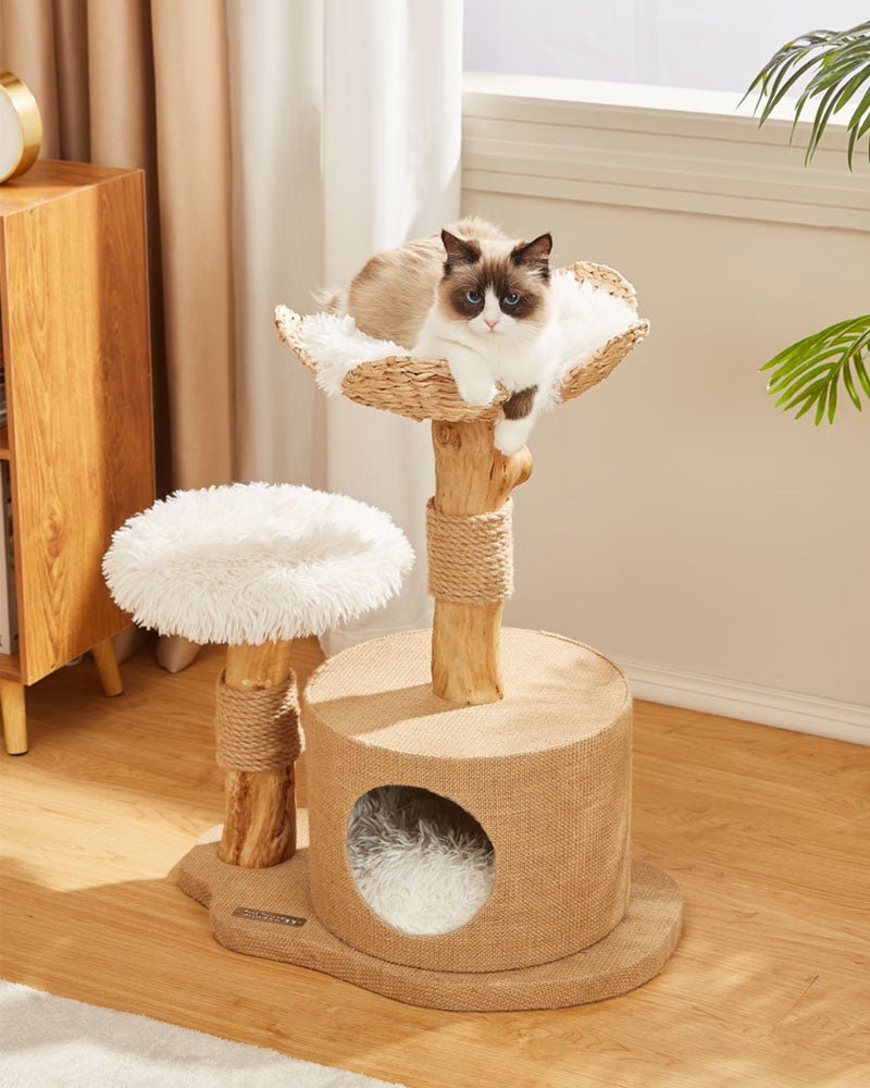 Wood Cat Tree Bed with Woven Grass
