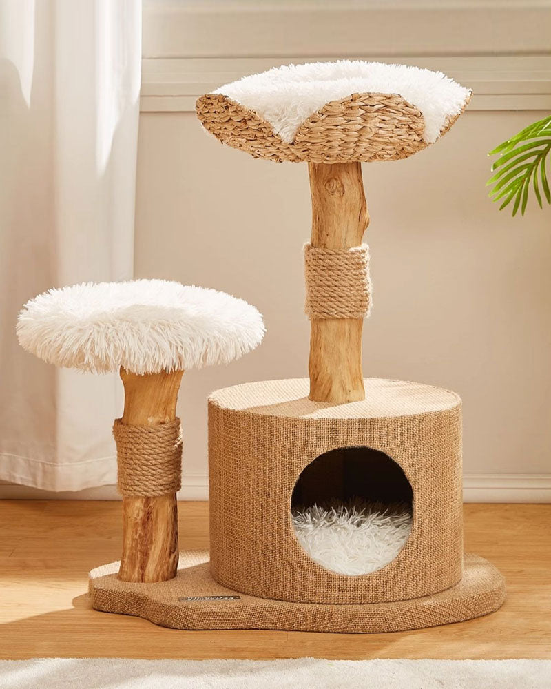 Wood Cat Tree Bed with Woven Grass