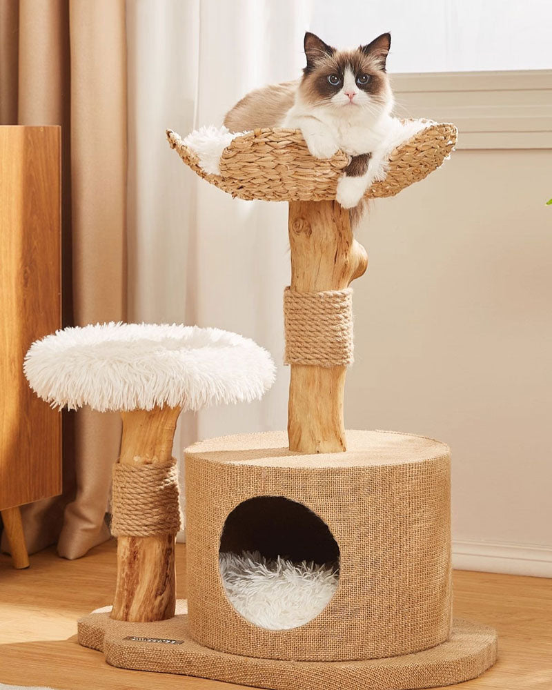 Wood Cat Tree Bed with Woven Grass